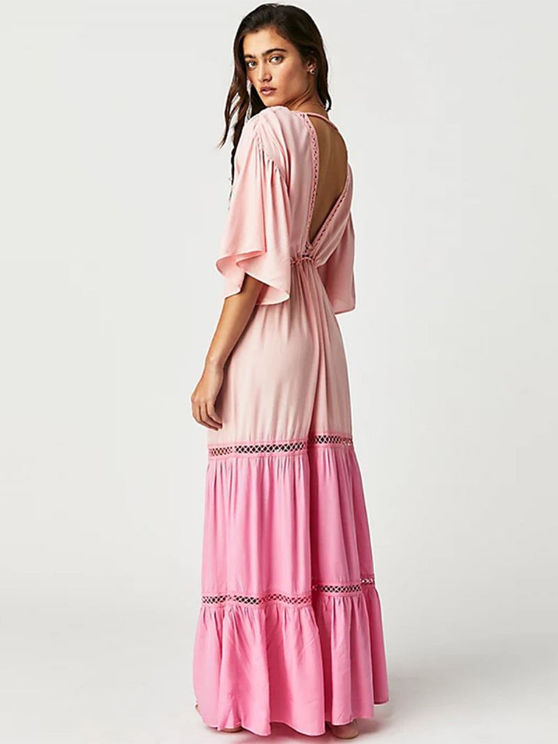 Vestido Boho Feminino Com Decote Em V Corte Baixo Babados Nas Costas Vestidos Maxi Ocos Camadas - Rosa