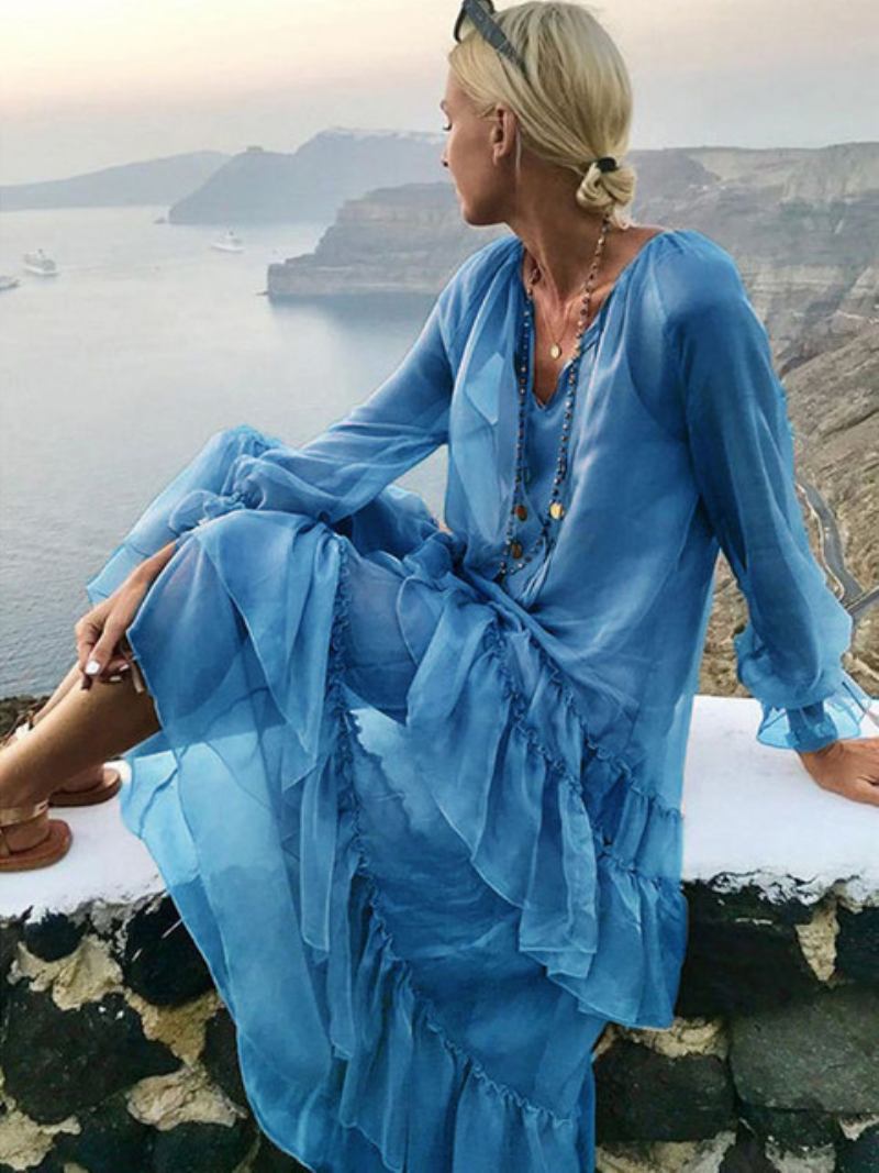 Vestido Boho Feminino Com Decote Em V E Manga Comprida Praia - Azul