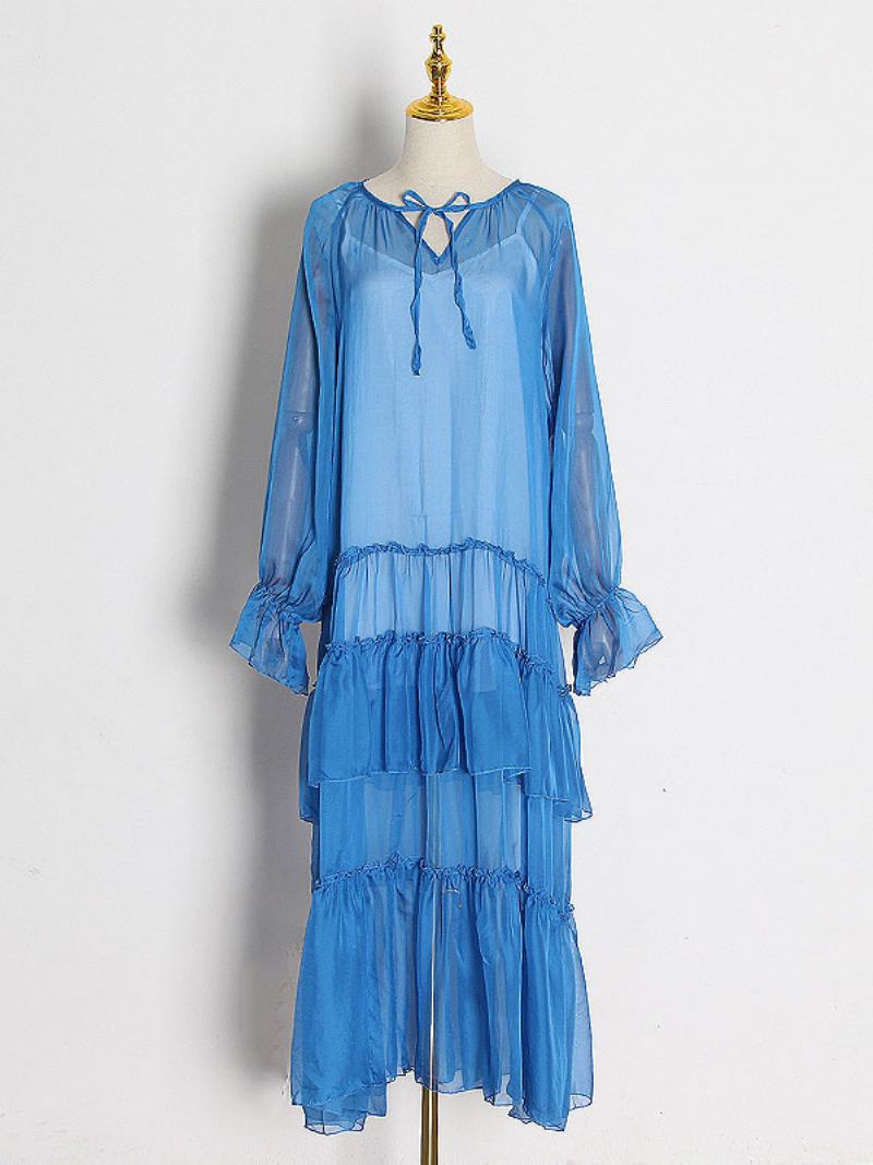 Vestido Boho Feminino Com Decote Em V E Manga Comprida Praia - Azul