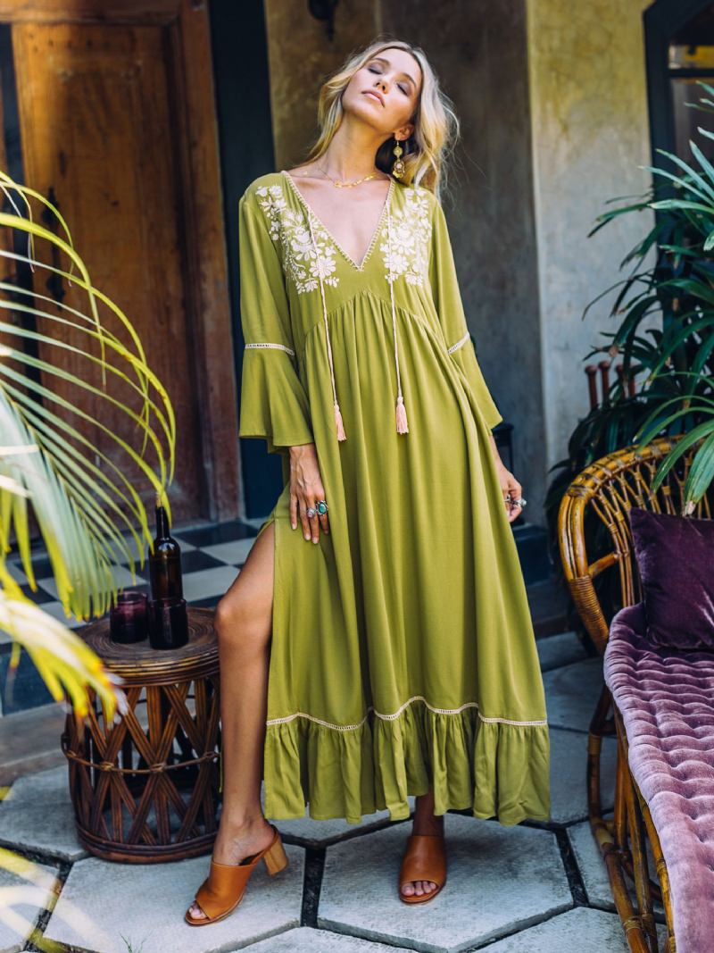 Vestido Boho Feminino Com Decote Em V Estampado Floral - Verde