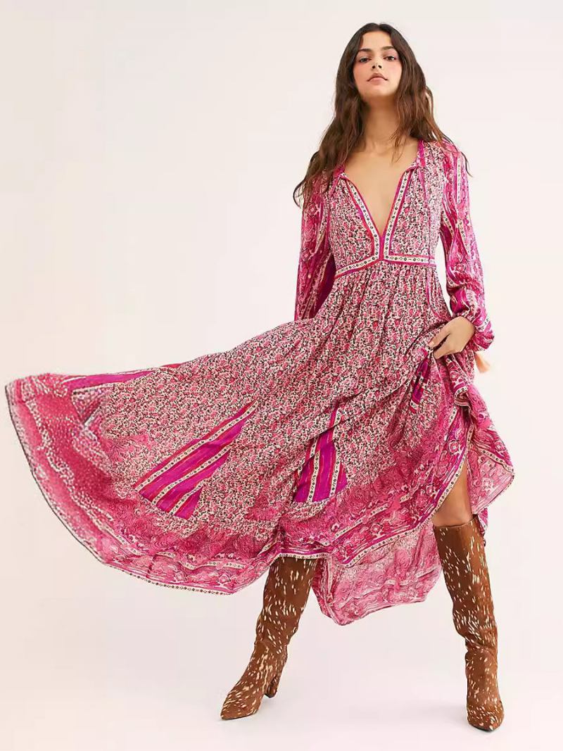 Vestido Boho Feminino Com Decote Em V Mangas Compridas Estampa Floral Verão Renda - Rosa