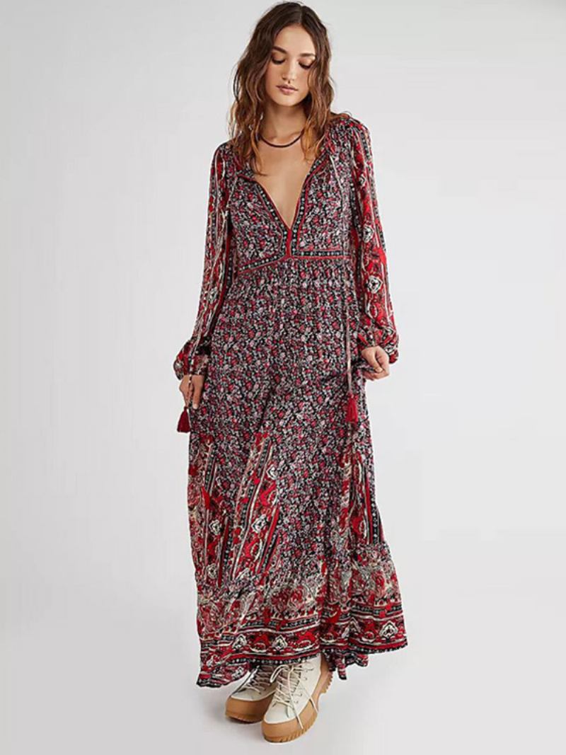 Vestido Boho Feminino Com Decote Em V Mangas Compridas Estampa Floral Verão Renda - Borgonha