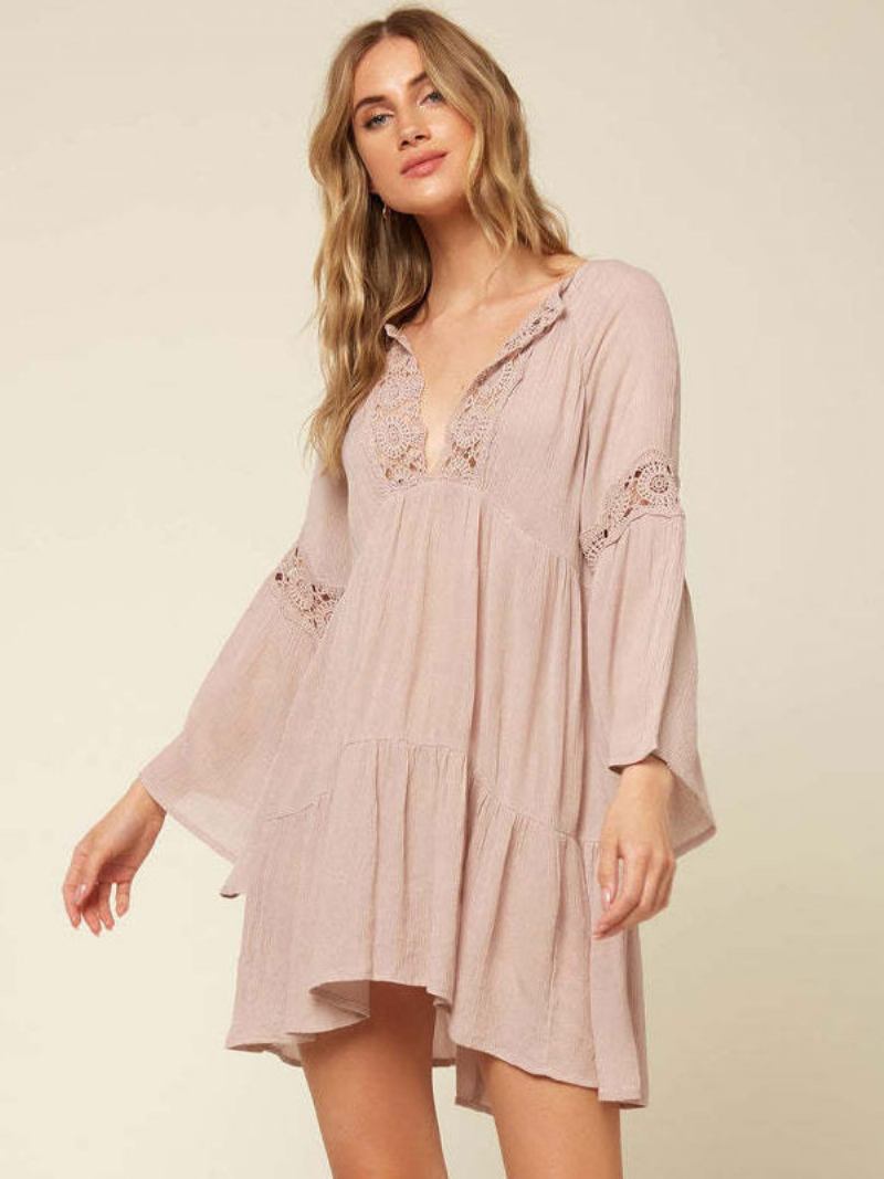 Vestido Boho Feminino Com Decote Em V Mangas Compridas Verão Recortado Grande - Rosa Claro