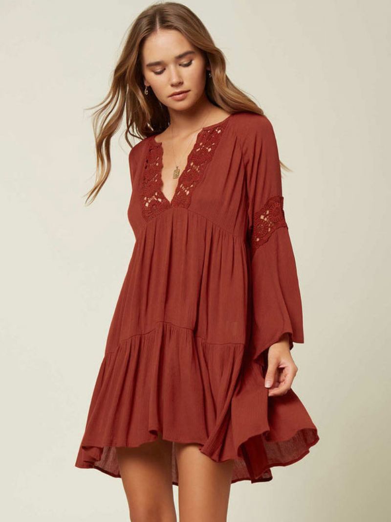 Vestido Boho Feminino Com Decote Em V Mangas Compridas Verão Recortado Grande - Borgonha