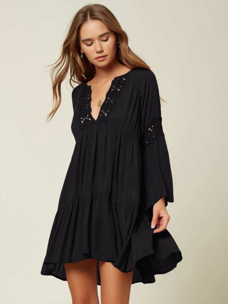 Vestido Boho Feminino Com Decote Em V Mangas Compridas Verão Recortado Grande - Preto