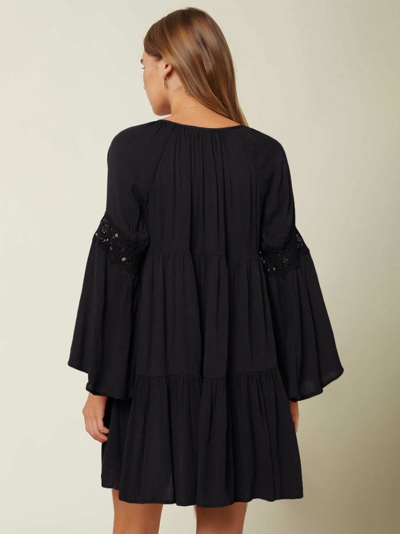 Vestido Boho Feminino Com Decote Em V Mangas Compridas Verão Recortado Grande - Preto