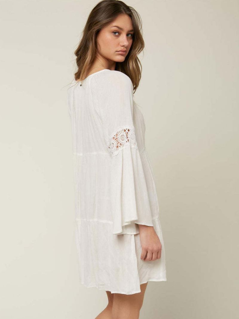 Vestido Boho Feminino Com Decote Em V Mangas Compridas Verão Recortado Grande - Branco