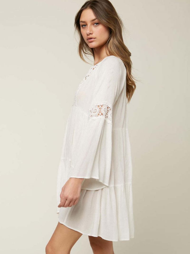 Vestido Boho Feminino Com Decote Em V Mangas Compridas Verão Recortado Grande - Branco