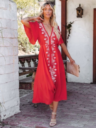 Vestido Boho Feminino Com Decote Em V Mangas Curtas Dois Tons Renda Praia