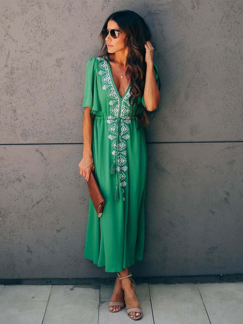 Vestido Boho Feminino Com Decote Em V Mangas Curtas Dois Tons Renda Praia - Verde