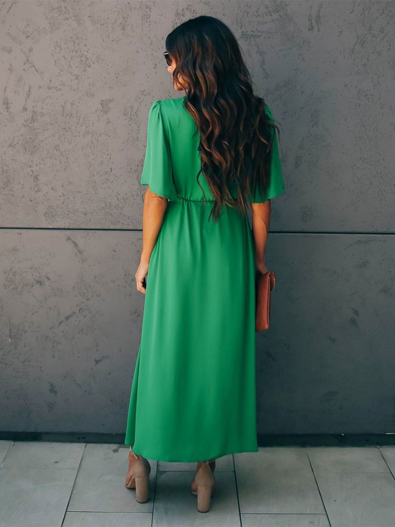 Vestido Boho Feminino Com Decote Em V Mangas Curtas Dois Tons Renda Praia - Verde