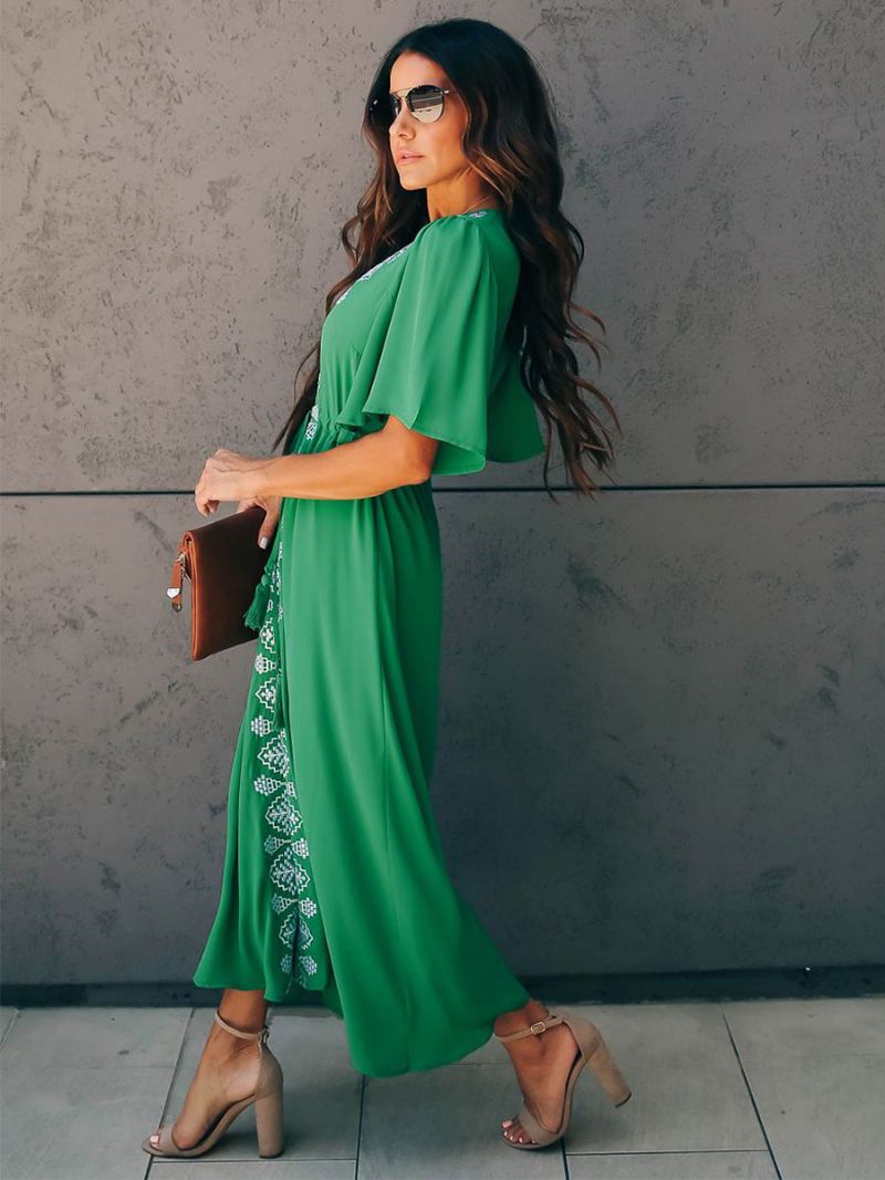 Vestido Boho Feminino Com Decote Em V Mangas Curtas Dois Tons Renda Praia - Verde