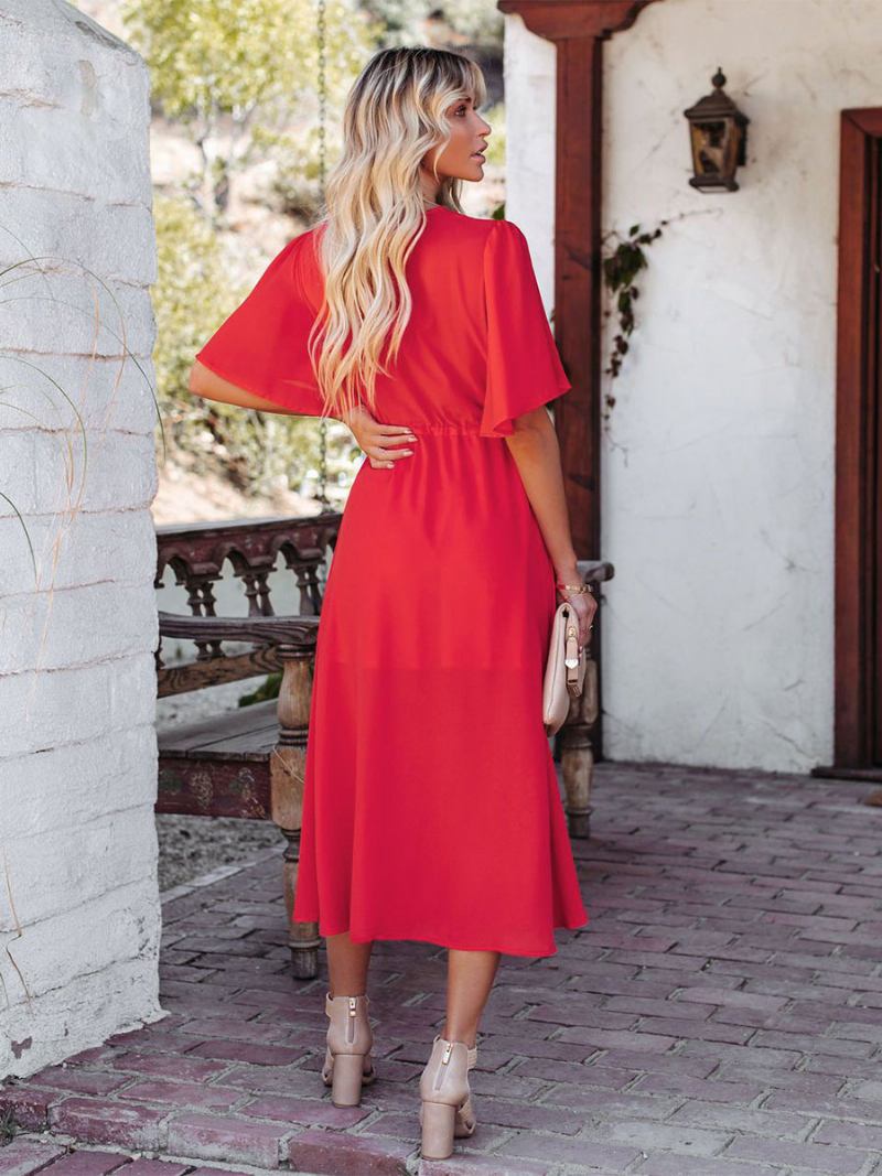 Vestido Boho Feminino Com Decote Em V Mangas Curtas Dois Tons Renda Praia - Vermelho