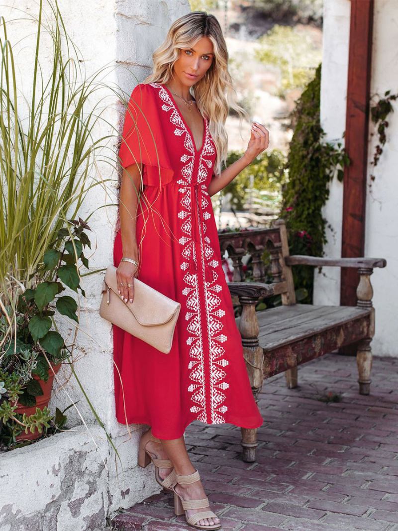 Vestido Boho Feminino Com Decote Em V Mangas Curtas Dois Tons Renda Praia - Vermelho