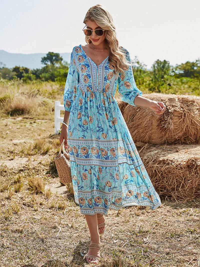 Vestido Boho Feminino Com Decote Em V Meia Manga Estampa Floral Elástico Plissado Maxi Praia