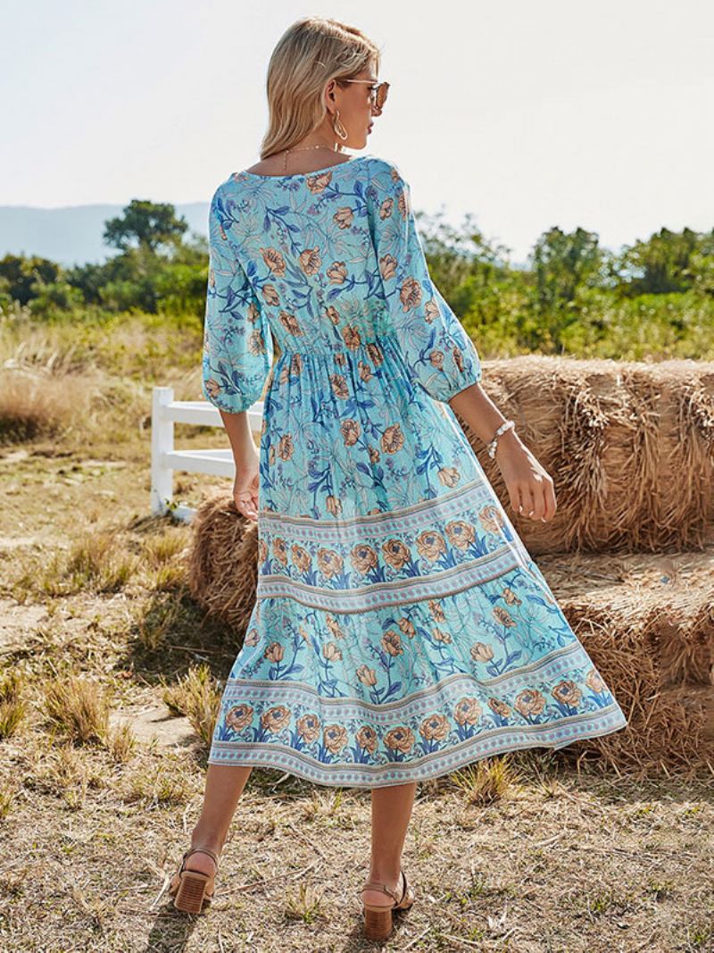 Vestido Boho Feminino Com Decote Em V Meia Manga Estampa Floral Elástico Plissado Maxi Praia -  Azul Celeste Claro 