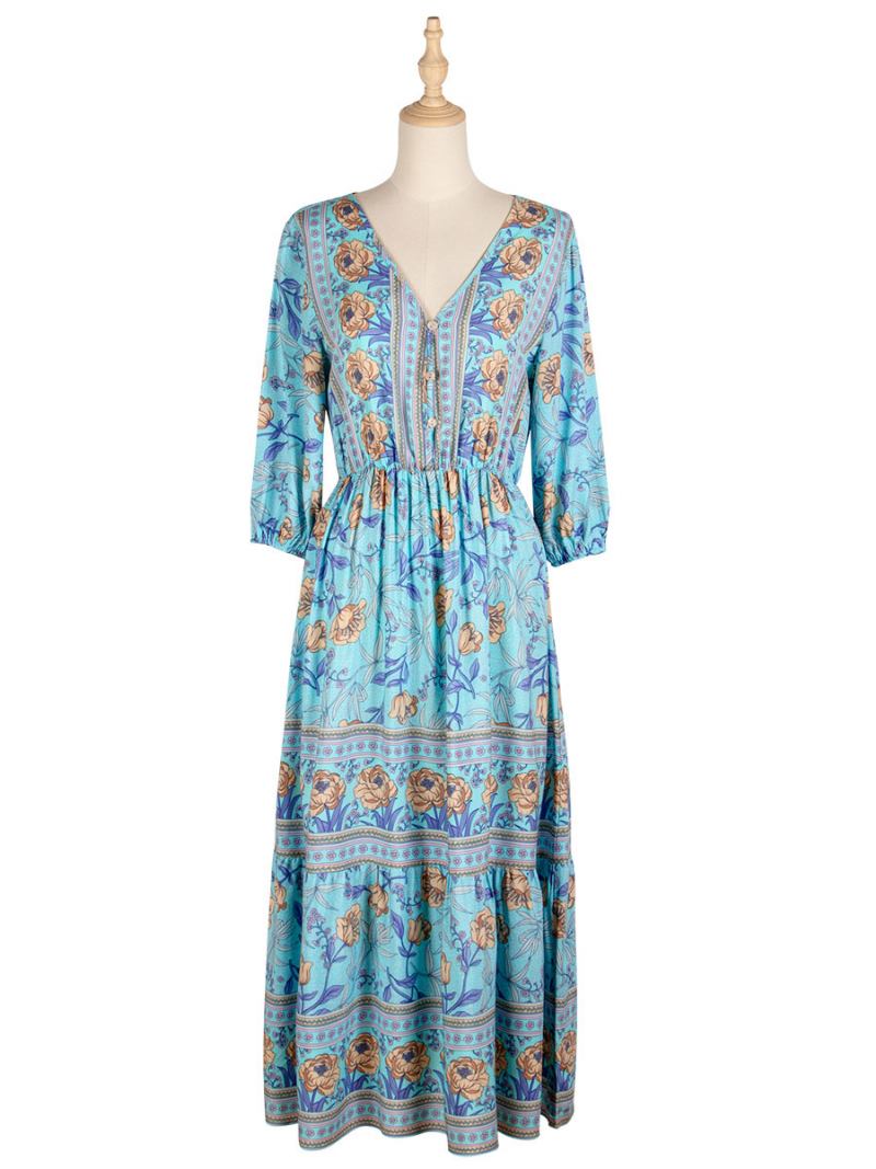 Vestido Boho Feminino Com Decote Em V Meia Manga Estampa Floral Elástico Plissado Maxi Praia -  Azul Celeste Claro 