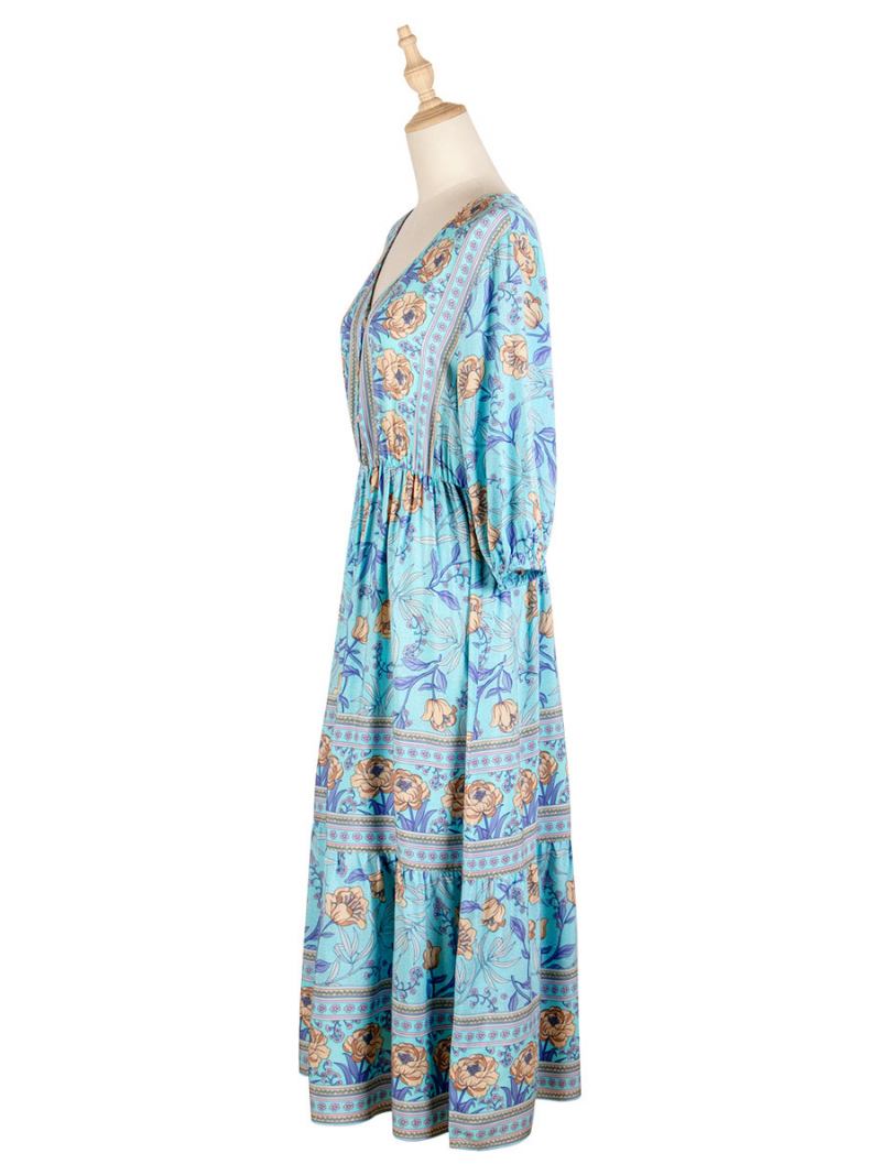 Vestido Boho Feminino Com Decote Em V Meia Manga Estampa Floral Elástico Plissado Maxi Praia -  Azul Celeste Claro 