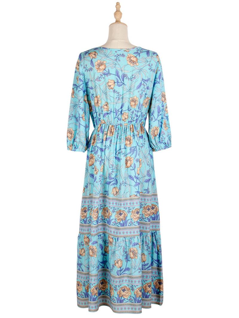 Vestido Boho Feminino Com Decote Em V Meia Manga Estampa Floral Elástico Plissado Maxi Praia -  Azul Celeste Claro 