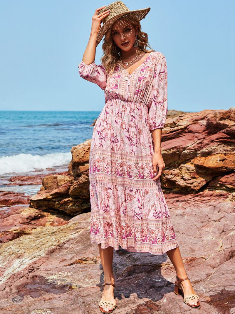 Vestido Boho Feminino Com Decote Em V Meia Manga Estampa Floral Elástico Plissado Maxi Praia -  Rosa