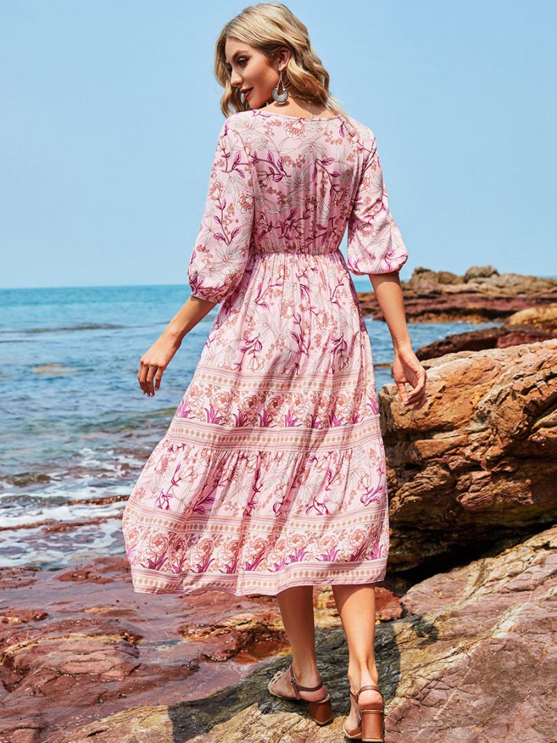 Vestido Boho Feminino Com Decote Em V Meia Manga Estampa Floral Elástico Plissado Maxi Praia -  Rosa