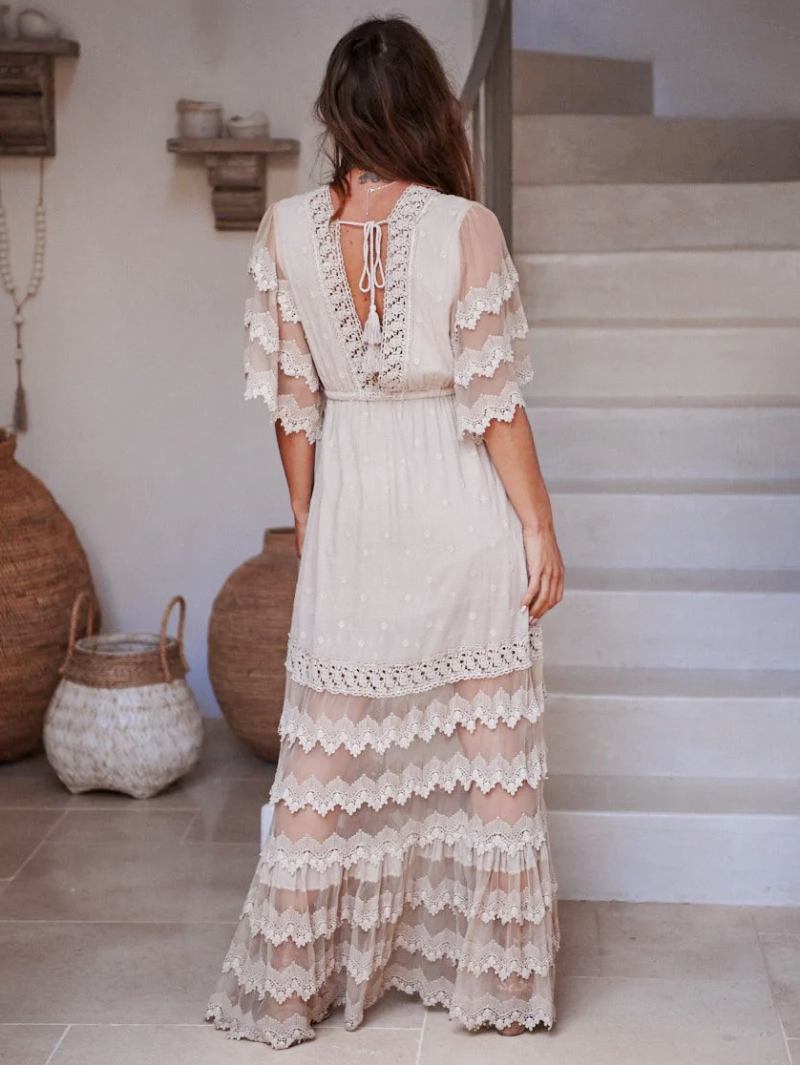 Vestido Boho Feminino Com Decote Em V Meia Manga Praia Renda Camadas - Branco