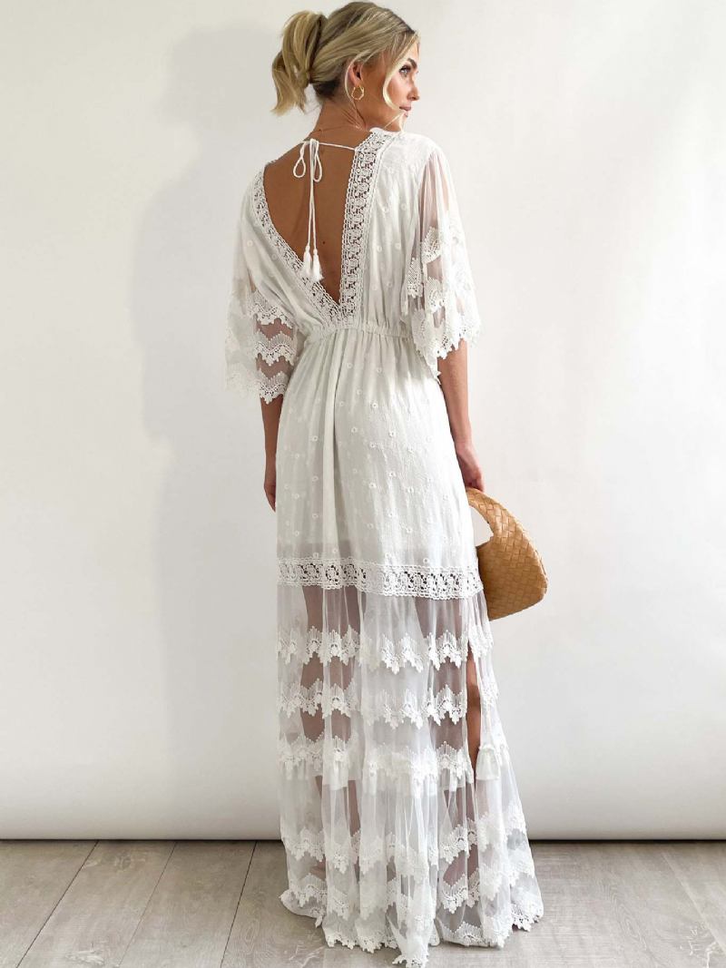 Vestido Boho Feminino Com Decote Em V Meia Manga Praia Renda Camadas - Branco