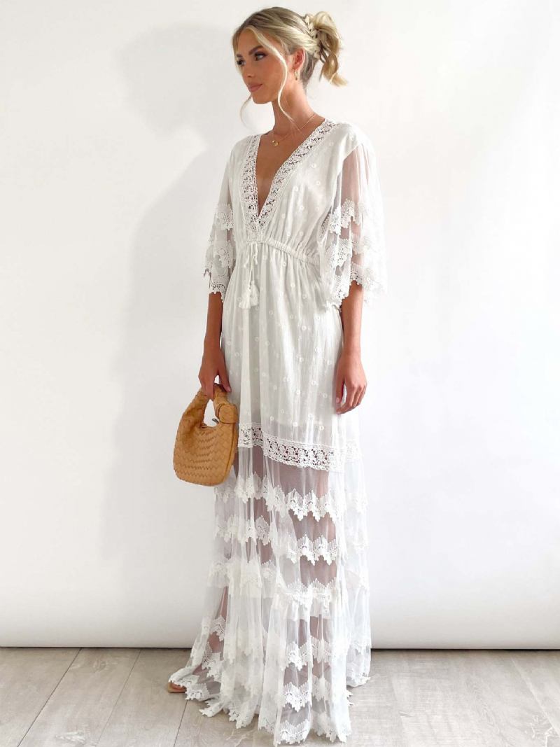 Vestido Boho Feminino Com Decote Em V Meia Manga Praia Renda Camadas - Branco