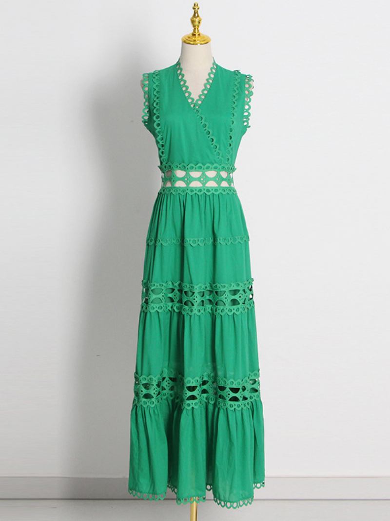 Vestido Boho Feminino Com Decote Em V Sem Mangas Camadas Recortadas Praia - Verde