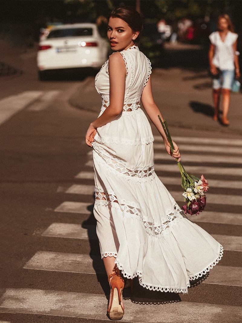 Vestido Boho Feminino Com Decote Em V Sem Mangas Camadas Recortadas Praia - Branco