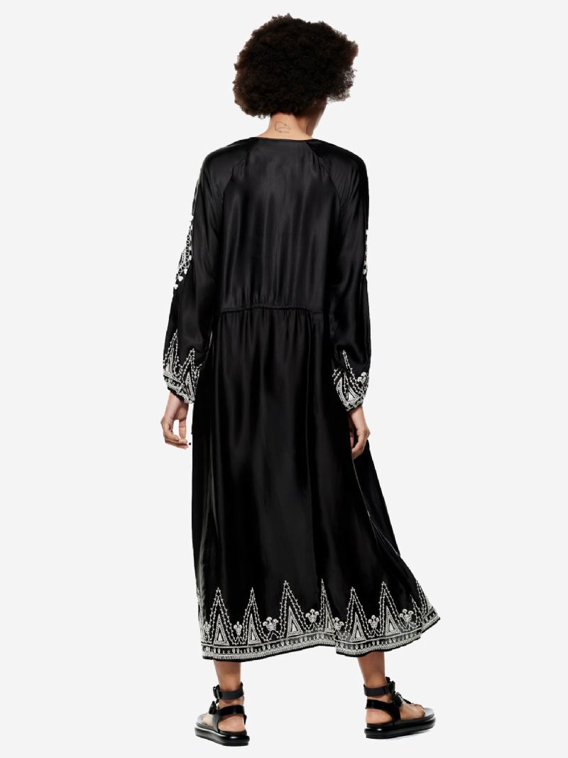 Vestido Boho Feminino Com Estampa Geométrica Cadarço E Gola Redonda Vestidos Maxi Casuais Diários - Preto