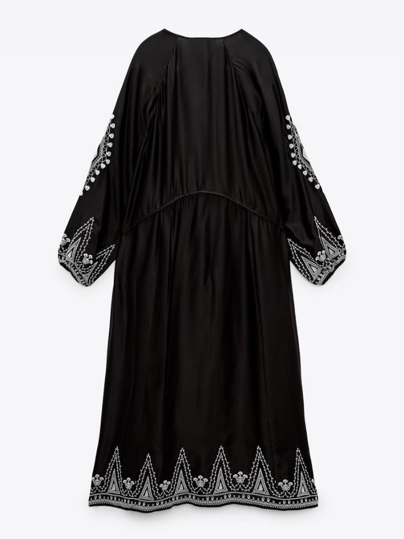 Vestido Boho Feminino Com Estampa Geométrica Cadarço E Gola Redonda Vestidos Maxi Casuais Diários - Preto