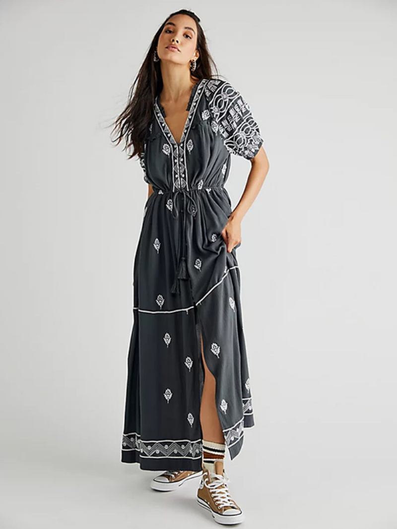 Vestido Boho Feminino Com Estampa Geométrica Decote Em V Fenda Cinto Verão Praia Vestidos Maxi