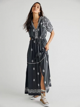 Vestido Boho Feminino Com Estampa Geométrica Decote Em V Fenda Cinto Verão Praia Vestidos Maxi