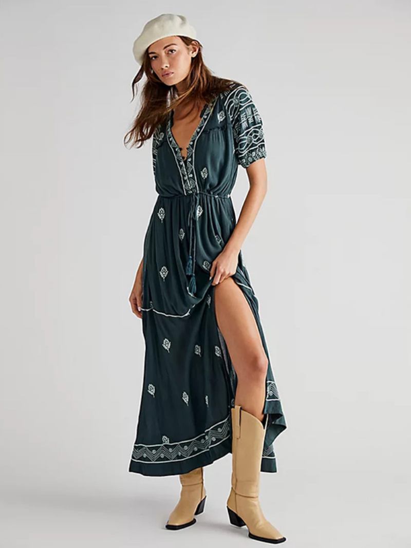 Vestido Boho Feminino Com Estampa Geométrica Decote Em V Fenda Cinto Verão Praia Vestidos Maxi -  Verde Escuro