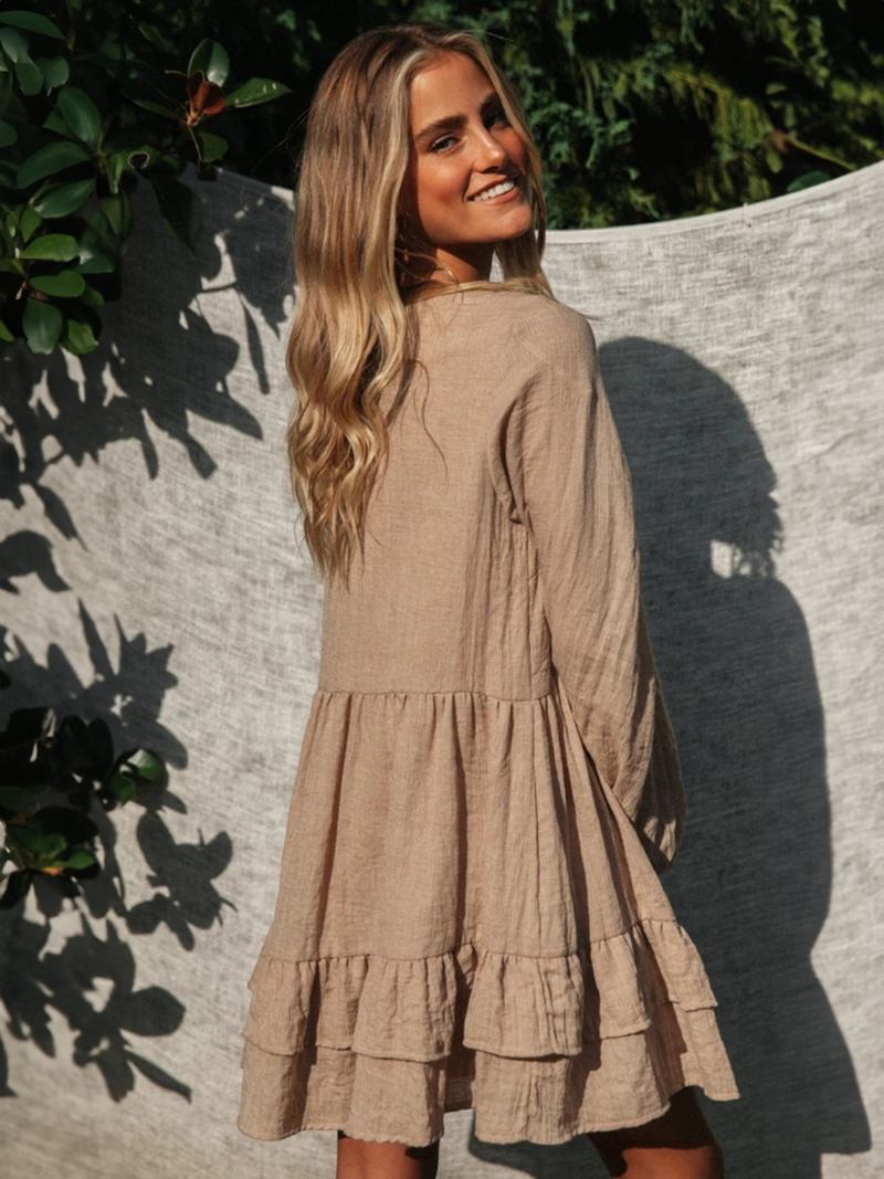 Vestido Boho Feminino Com Faixa Decote Em V E Mangas Compridas Praia Grande - Café Marrom