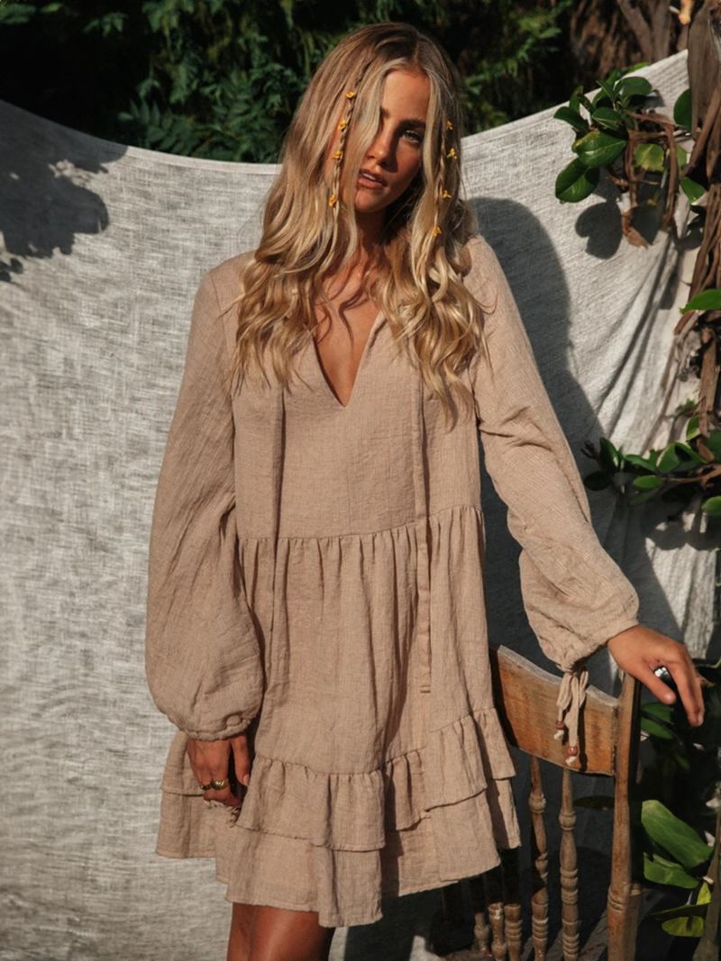 Vestido Boho Feminino Com Faixa Decote Em V E Mangas Compridas Praia Grande - Café Marrom