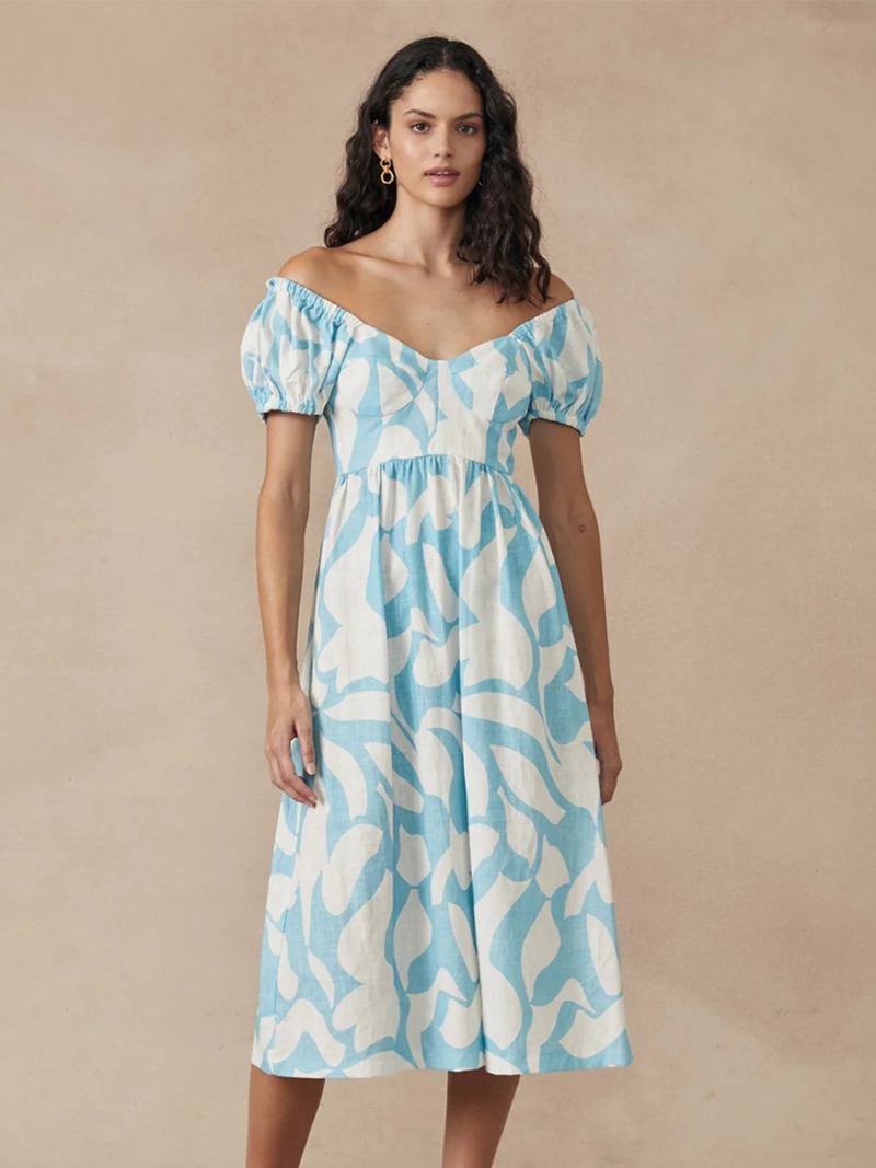 Vestido Boho Feminino Com Gola Bateau Manga Curta Estampa Floral Verão Plissado - Azul Céu Claro