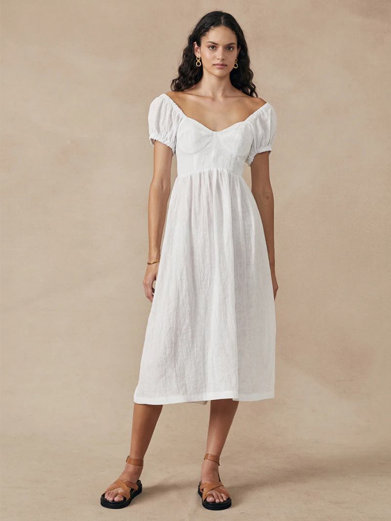 Vestido Boho Feminino Com Gola Bateau Manga Curta Estampa Floral Verão Plissado - Branco