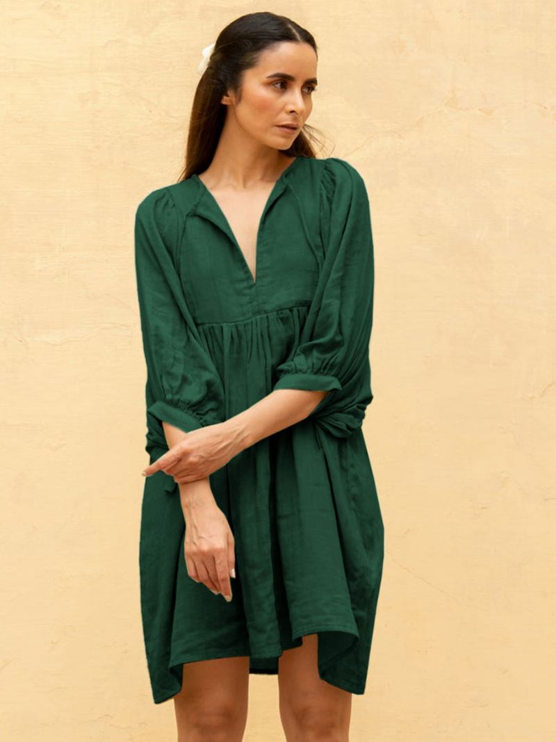 Vestido Boho Feminino Com Gola Enfeitada Meia Manga Verão Grande - Verde Escuro