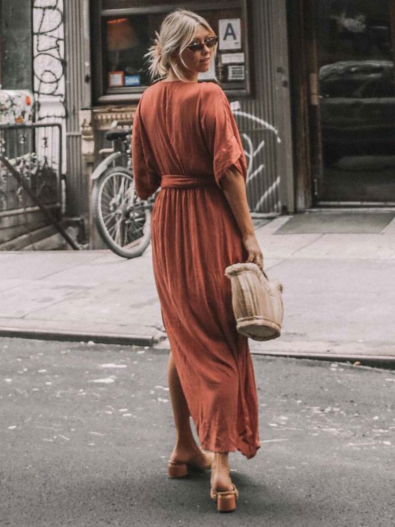 Vestido Boho Feminino Com Meia Manga Cinto Vestidos Maxi Praia Verão - Vermelho Laranja