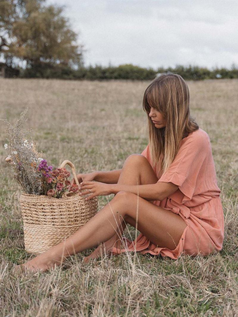 Vestido Boho Feminino Com Meia Manga Cinto Vestidos Maxi Praia Verão - Rosa