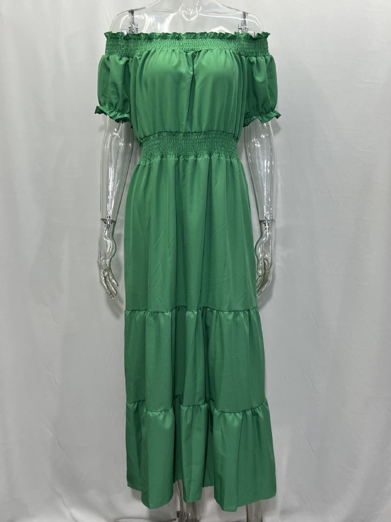 Vestido Boho Feminino Com Ombro Fora Plissado Em Camadas Vestidos Maxi Casuais Verão - Verde