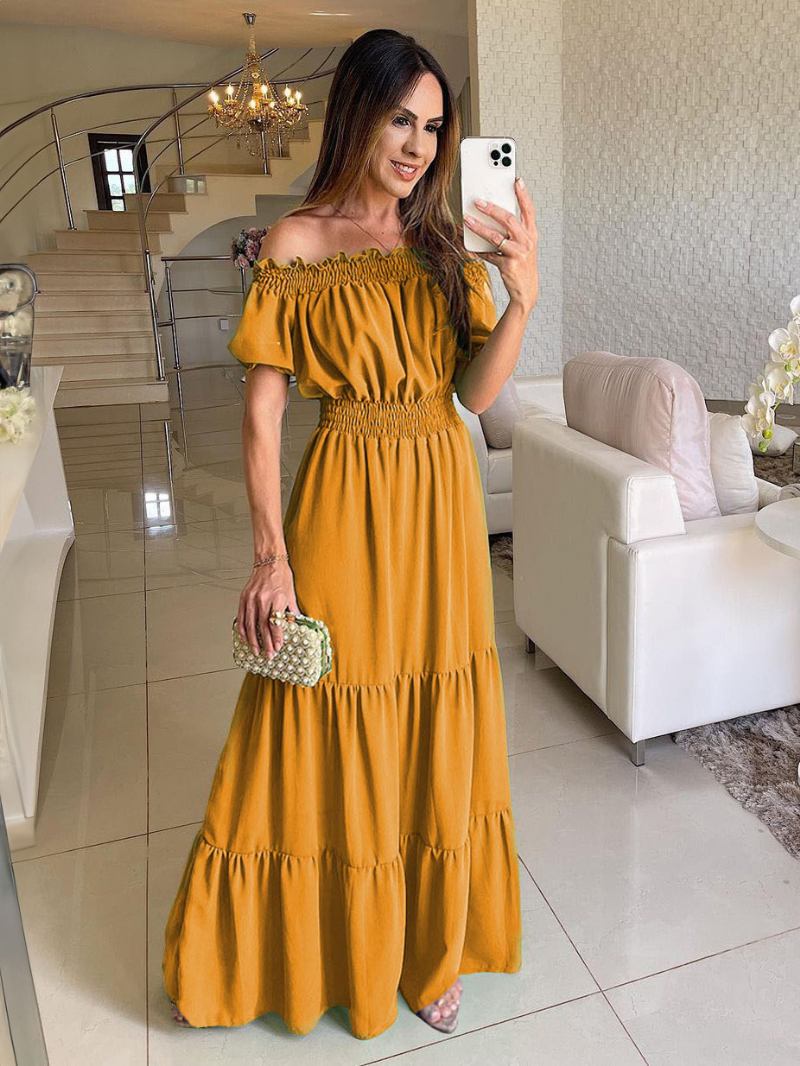 Vestido Boho Feminino Com Ombro Fora Plissado Em Camadas Vestidos Maxi Casuais Verão - Amarelo