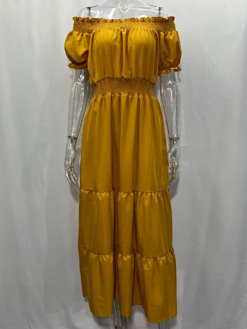 Vestido Boho Feminino Com Ombro Fora Plissado Em Camadas Vestidos Maxi Casuais Verão - Amarelo