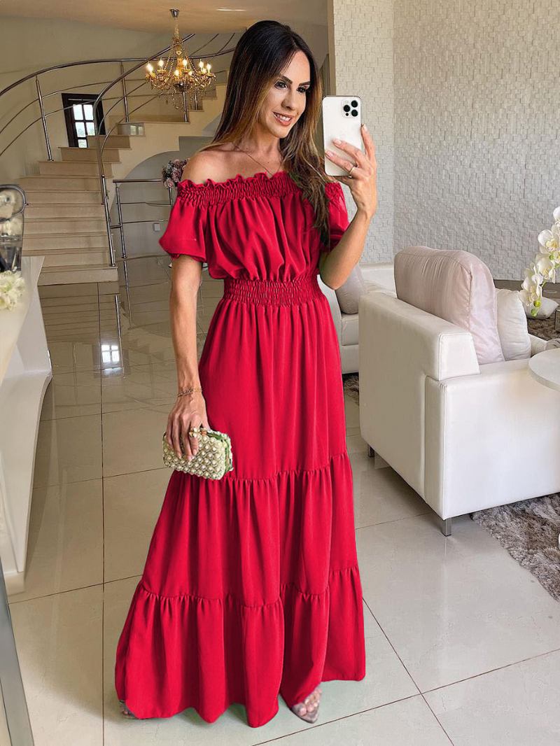 Vestido Boho Feminino Com Ombro Fora Plissado Em Camadas Vestidos Maxi Casuais Verão - Vermelho