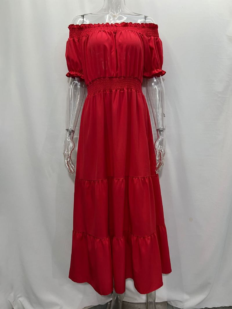 Vestido Boho Feminino Com Ombro Fora Plissado Em Camadas Vestidos Maxi Casuais Verão - Vermelho