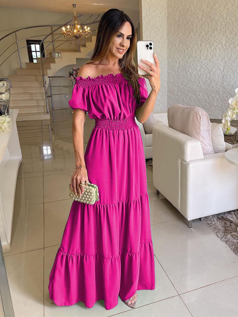 Vestido Boho Feminino Com Ombro Fora Plissado Em Camadas Vestidos Maxi Casuais Verão - Rosa