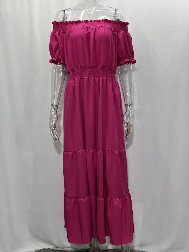 Vestido Boho Feminino Com Ombro Fora Plissado Em Camadas Vestidos Maxi Casuais Verão - Rosa