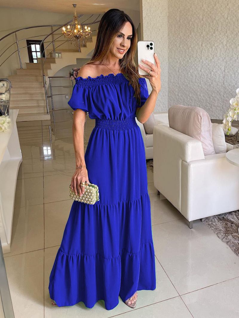 Vestido Boho Feminino Com Ombro Fora Plissado Em Camadas Vestidos Maxi Casuais Verão - Azul Royal